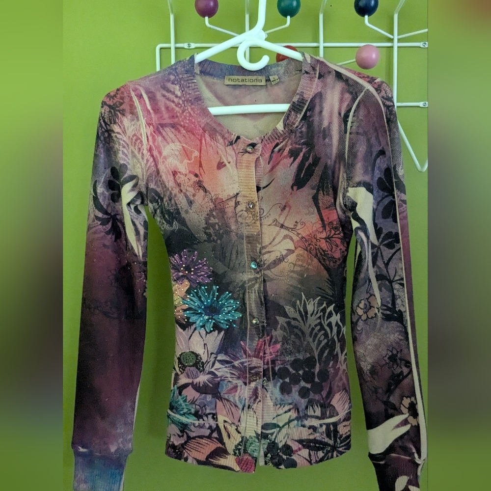 Floral Print Embellished Cardigan --